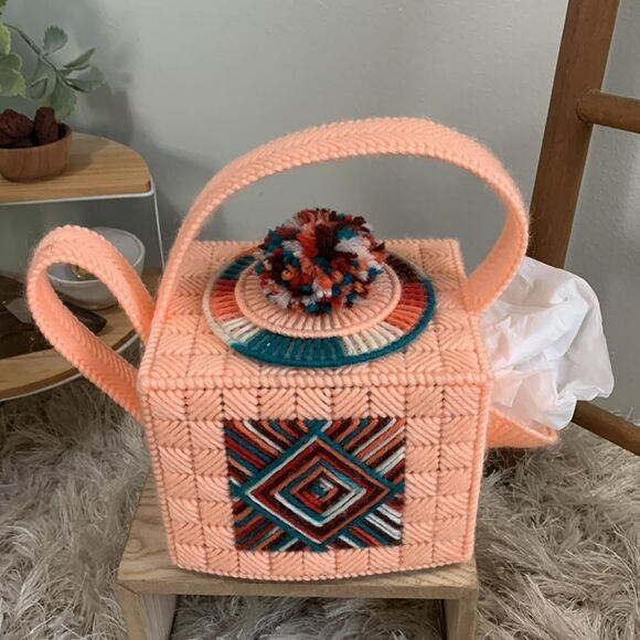 Vintage Kitschy Tea Pot Style Plastic Canvas Needlepoint Tissue Box Cover - Picture 7 of 13